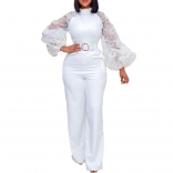White Mesh Long Sleeve O-Neck Fashion Women Belted Prom OL Jumpsuit Dress