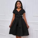 Black Short Sleeve V-Neck Bowknot Belt Fashion Formal Skirt Dress