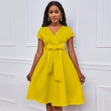 Yellow Short Sleeve V-Neck Bowknot Belt Fashion Formal Skirt Dress