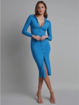Blue Women's Button Cardigan Ribbed Long Sleeve Slim Fit Prom Long Dress