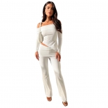 White Long Sleeve Boat-Neck Crop Tops Fashion Bodycon Jumpsuit Sets