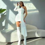 White Single Long Sleeve Bandage Party Mini Dress