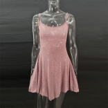 Pink Women's Straps Sleeveless Mesh Rhinestones See-through Sexy Skirt Party Mini Dress