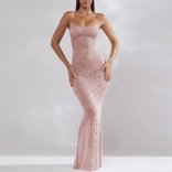 Pink Women's Straps Mesh See-through Rhinestones Bodycon Prom Evening Long Dress