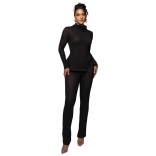 Black Women's Long Sleeve Stripe High Neck Split Top Bodycons Party Sports Sexy Jumpsuits