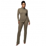 ArmyGreen Women's Long Sleeve Stripe High Neck Split Top Bodycons Party Sports Sexy Jumpsuits