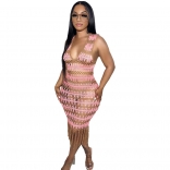 Pink Women's Hollow-out Sleeveless Knitted Sexy Tassels Party Midi Dress
