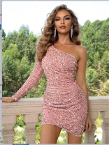 Pink Women Fashion Sequins One Shoulder Long Sleeve Evening Dancing Mini Dress