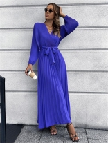 Blue Long Sleeve Women V-Neck Pleated Belted Fashion Casual Skirt Long Dress