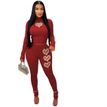 Red Women's Long Sleeve Pleated Sexy Diamond Bodycon Sexy Jumpsuit