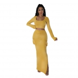 Yellow Women O-Neck Long Sleeve Pleated Pocket Split Prom Long Dress