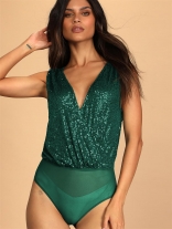 Green Women's Sleeveless Deep V-Neck Sequins Bodycon Mesh Bodysuit
