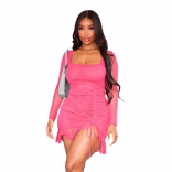 RoseRed Long Sleeve Women Boat-Neck Mesh Pleated Sexy Party Dress