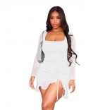 White Long Sleeve Women Boat-Neck Mesh Pleated Sexy Party Dress