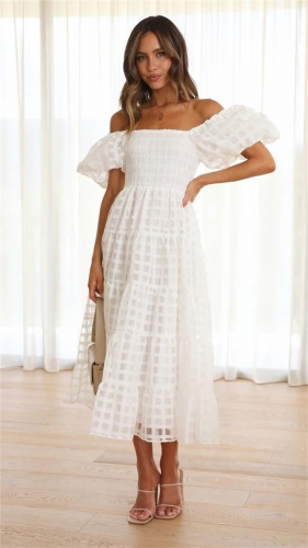 White Off-Shoulder Chiffion Hollow-out Fashion Skirt Dress
