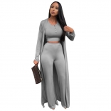 Gray Women Long Sleeve Crop Tops Sexy 3PCS Formal Casual Jumpsuit Dress Sets