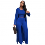 Blue Women Long Sleeve Crop Tops Sexy 3PCS Formal Casual Jumpsuit Dress Sets
