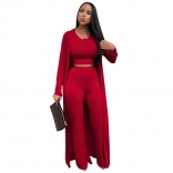 Red Women Long Sleeve Crop Tops Sexy 3PCS Formal Casual Jumpsuit Dress Sets