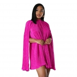 RoseRed Women's O-Neck Solid Color Pleated Shawl Sleeve Prom Party Mini Dress