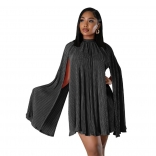 Black Women's O-Neck Solid Color Pleated Shawl Sleeve Prom Party Mini Dress