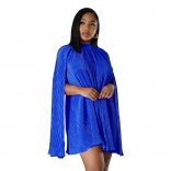 Blue Women's O-Neck Solid Color Pleated Shawl Sleeve Prom Party Mini Dress