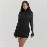 Black Sexy Girls Mesh Pleated Party Bodycon Mini Dress for Women