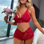 Red Straps Sexy Erotic Women Lace Lingerie Bra & Brief Sets