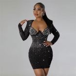 Black Women's Diamond Clohthing Long Sleeve Bodycon Low-Cut Mini Dress