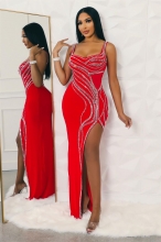 Red Women Long Dress Sexy Mesh Diamonds Sleeveless Party Split Elegant Dresses