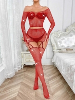 Red Women's Lace Diamond Bodystockings Sexy Erotic Bodysuit Costumes