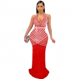 Red Women Diamonds Prom Party Long Dress Sleeveless Bodycon Evening Dress