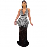 Black Women Diamonds Prom Party Long Dress Sleeveless Bodycon Evening Dress