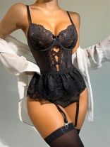 Black Women's Lace Underwear Bodysuit Erotic Bow Seductive Sexy Lingerie Sexual Bra & Brief Sets Clothing with Stockings