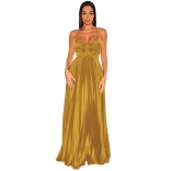 Gold Women's Straps V-Neck Crimped Maxi Dress Evening Elegant Prom Formal Party Long Skirt