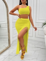 Yellow Women's Sleeveless Bodycon Split Long Dress Sexy Evening Two Pieces Prom Casual Clothing
