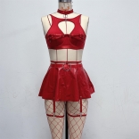 Red Women's Lace Erotic Underwears Fishnets Bra & Brief Sets Evening Leather Sexy Apron Costumes Sex Clothing