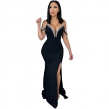 Black Women Elegant Deep V-Neck Prom Long Dress Sexy Diamonds Evening Party Maxi Dress