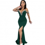 Green Women Elegant Deep V-Neck Prom Long Dress Sexy Diamonds Evening Party Maxi Dress