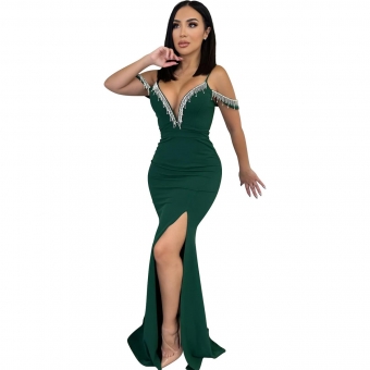 Green Women Elegant Deep V-Neck Prom Long Dress Sexy Diamonds Evening Party Maxi Dress