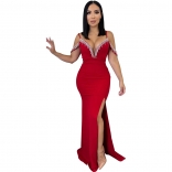 Red Women Elegant Deep V-Neck Prom Long Dress Sexy Diamonds Evening Party Maxi Dress