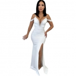 White Women Elegant Deep V-Neck Prom Long Dress Sexy Diamonds Evening Party Maxi Dress