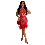 Red Women Sleeveless Straps Deep V-Neck Diamonds Mini Dress Evening Party Prom Feather Long Dress