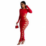 Red Women Long Sleeve Hollow-out Bandage Sexy Party Dress Evening Dancing Woman Clothing