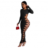 Black Women Long Sleeve Hollow-out Bandage Sexy Party Dress Evening Dancing Woman Clothing