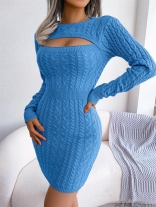 Blue Women Long Sleeve Knitted Sexy Bodycons Casual Sweaters Mini Dress Clothing