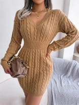 Khaki Women Long Sleeve Knitted V-Neck Mini Dress Fashion Ladies Sweaters Bodycon Clothes