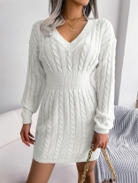 White Women Long Sleeve Knitted V-Neck Mini Dress Fashion Ladies Sweaters Bodycon Clothes