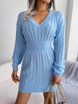 Blue Women Long Sleeve Knitted V-Neck Mini Dress Fashion Ladies Sweaters Bodycon Clothes