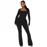 Black Women Long Sleeve Stripe Two Pieces Jumpsuit Sets Bodycon Casual Pleated Fashion Clothing