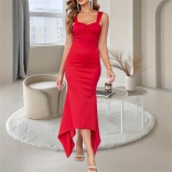 Red Elegant Women V-Neck Long Dress Sexy Lady Evening Pleated Formal Clothing